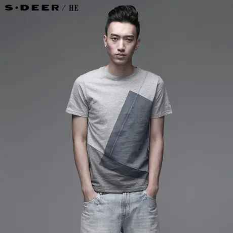 S.Deer/He【惠】圣迪奥男装夏装拼接纯棉短袖T恤H13270182商品大图