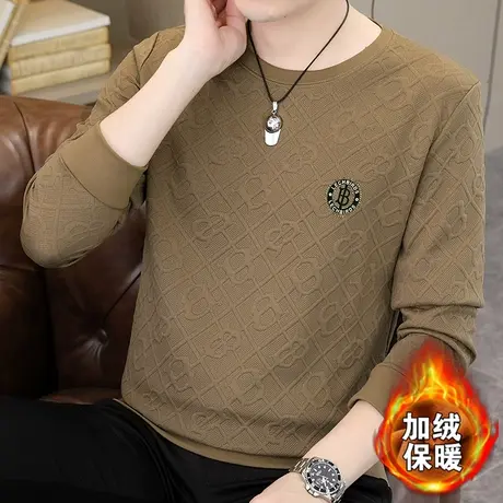 高档提花男士加绒加厚长袖t恤潮流冬季体恤打底衫卫衣秋季上衣服图片