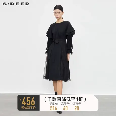 sdeer圣迪奥女装圆领收腰网纱雪纺荷叶边连衣裙S233Z12G6商品大图