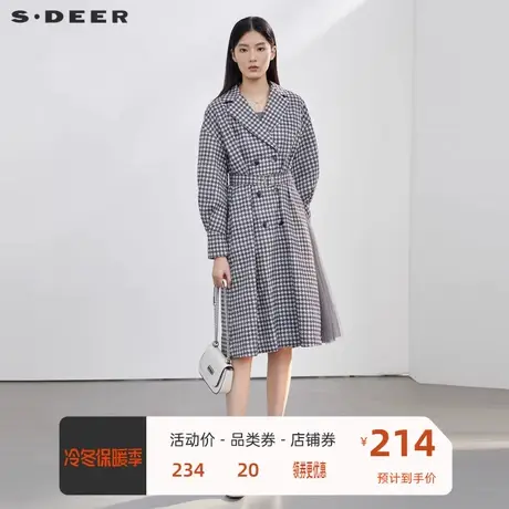 sdeer圣迪奥女装西装领千鸟格网纱收腰毛呢大衣S223Z1843📱商品大图