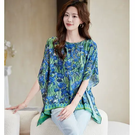 宝诗黎圆领蝙蝠袖慵懒印花小衫2025夏季气质休闲百搭宽松雪纺衫女商品大图