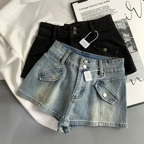美式双扣假口袋牛仔短裤女甜酷风百搭时尚阔腿a字热裤辣妹裤子潮图片