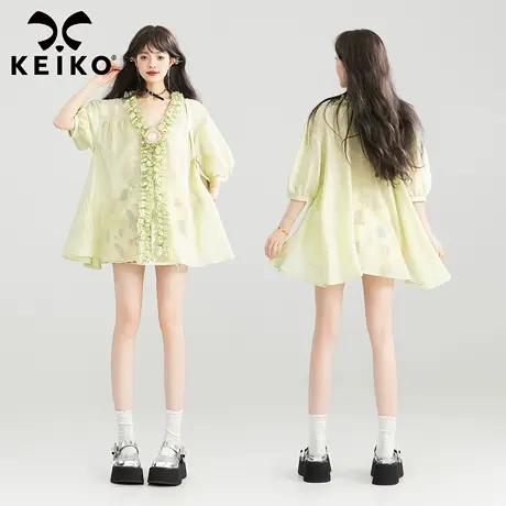 KEIKO 清新薄荷绿木耳花边轻薄短袖衬衫夏日轻透亲肤天丝纤维上衣商品大图