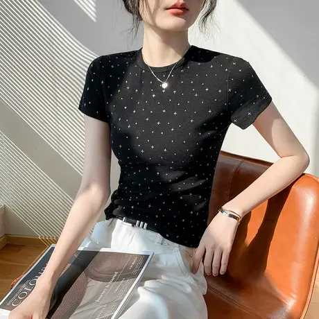 歌倍尚韩版圆领正肩星星烫钻短袖T恤女时尚修身别致开衫内搭上衣图片