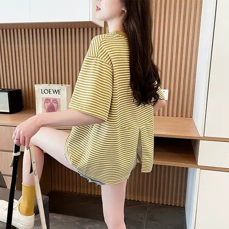 后背开叉短袖t恤女2025新款夏季韩版宽松设计感小众条纹休闲上衣商品大图