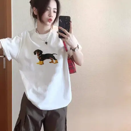 日常舒适夏季女装美式复古风大码短袖T恤女ins潮独特漂亮的小上衣商品大图