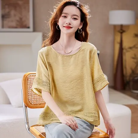 宝诗黎蕾丝拼接亮丝雪纺衫2025夏季宽松休闲简约百搭天丝短袖衬衣商品大图