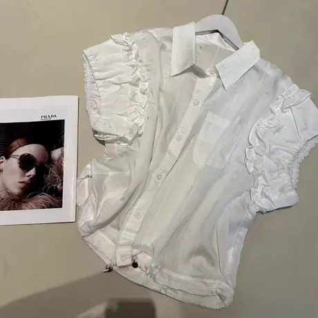 韩版设计感飞飞袖条纹衬衫女2025夏季法式洋气时尚减龄荷叶边上衣商品大图