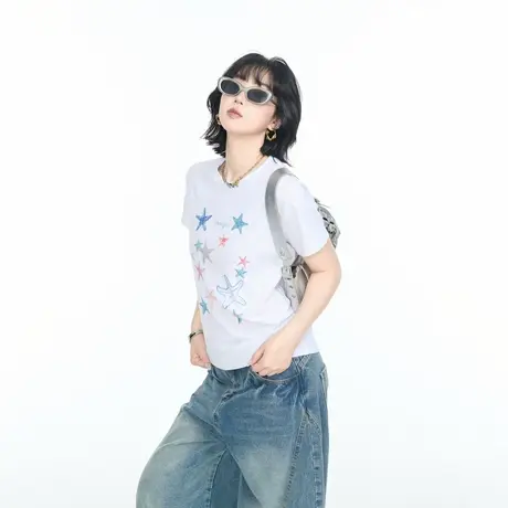 美式甜辣风卡通印花短袖T恤女夏季休闲短款修身显瘦正肩半袖上衣图片