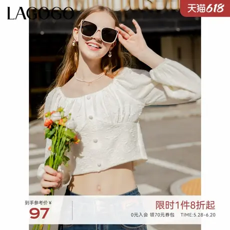 LAGOGO法式锁骨方领米白色甜美上衣女拉谷谷小香风气质短款小衫商品大图
