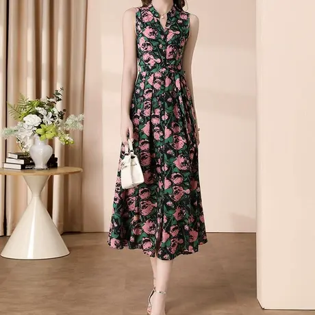 首尚格释2025夏季新品时尚气质高级感印花收腰显瘦雪纺无袖连衣裙商品大图