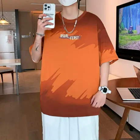 渐变色短袖t恤男夏季冰丝凉感半袖男潮牌宽松上衣青少年痞帅体恤T商品大图