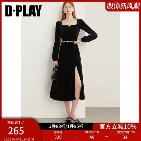 DPLAY冬法式复古风黑色宫廷领侧开衩轻礼服丝绒裙小黑裙图片