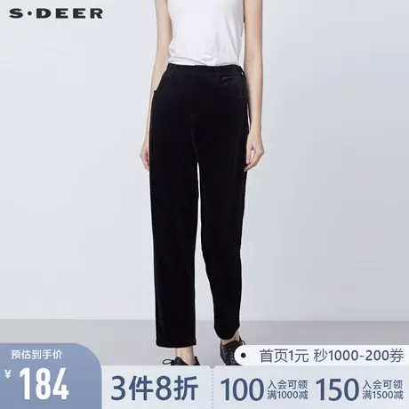 sdeer圣迪奥春装松紧拼接插袋黑色灯芯绒长裤女S21460826图片