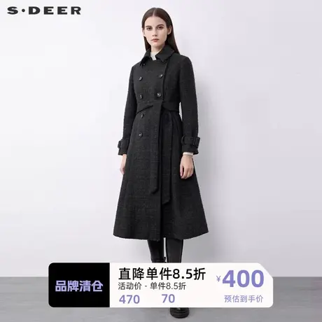 sdeer圣迪奥女装时尚翻领双排扣收腰格纹毛呢大衣S21481815图片