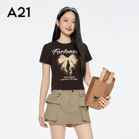 A21女装印花字母蝴蝶结圆领T恤简约短款修身短袖上衣图片