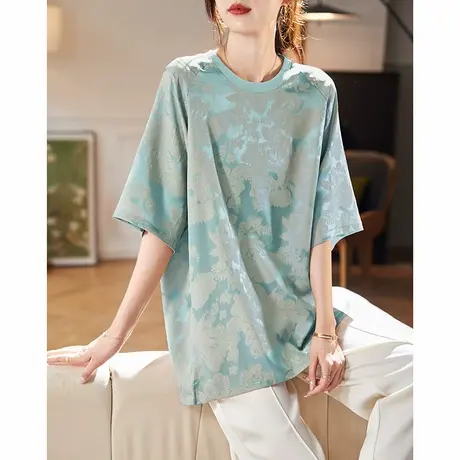 宝诗黎圆领提花宽松短袖雪纺衫2025夏季气质休闲新中式百搭上衣商品大图