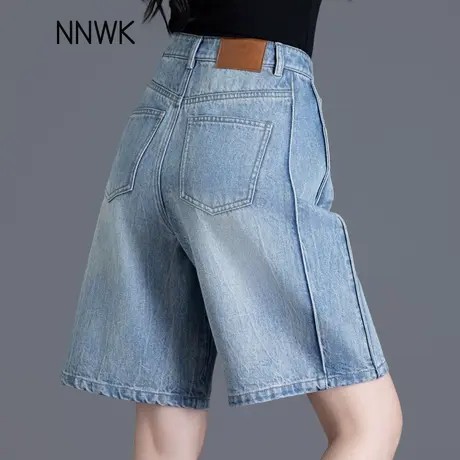 清仓拼接五分牛仔短裤女夏季薄款2025新款高腰显瘦a字5分阔腿中裤商品大图