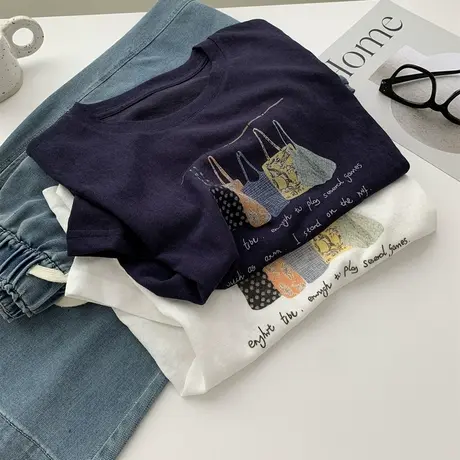 轻薄透气雪花棉帆布包印花短袖T恤女减龄韩版仿麻感宽松上衣夏季商品大图