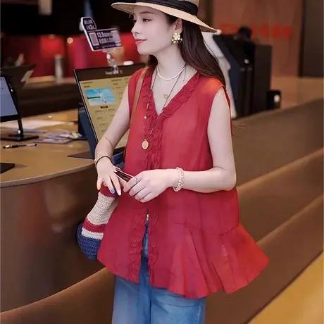 韩系红色V领木耳边无袖背心衬衫女2025夏新款设计感减龄薄款上衣图片