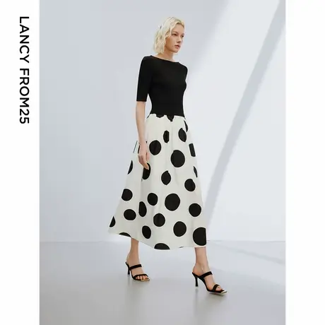 朗姿复古波点气质一字肩设计感假两件连衣裙2024夏季新款针织裙子图片