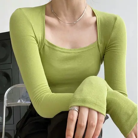 韩国东大门2021早秋新款修身长袖t恤打底衫性感方领纯色百搭上衣图片