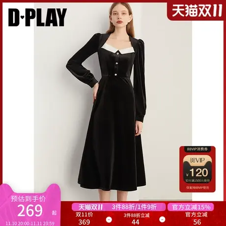 DPLAY2023冬新名媛撞色拼接美背领黑色丝绒长款礼服裙图片