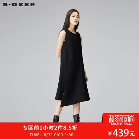 sdeer圣迪奥复古质感线迹装饰不对称开衩底摆无袖连衣裙S17481232❇商品大图