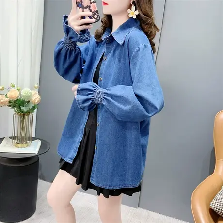 复古Polo领蓝色牛仔衬衫女春季2024新款宽松设计感别致花瓣袖上衣商品大图