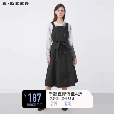 sdeer圣迪奥女装春装复古休闲双排扣收腰背带连衣裙S21381212商品大图