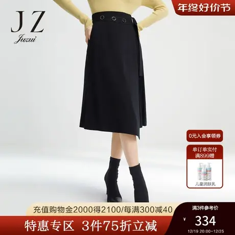 JUZUI玖姿官方奥莱冬季新款女a字羊毛针织拼接百褶女高腰垂感裙子商品大图