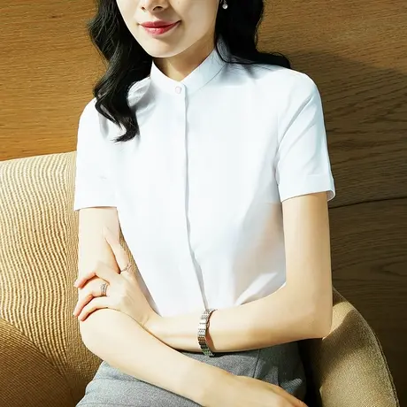 短袖白色衬衫女夏装新款气质立领工作服衬衣修身抗皱职业Ol免烫衣商品大图
