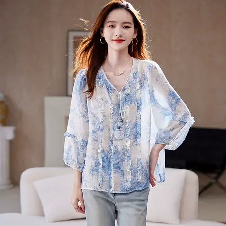 宝诗黎V领系带印花衬衫女2025夏季新款时尚洋气宽松减龄百搭衬衣商品大图
