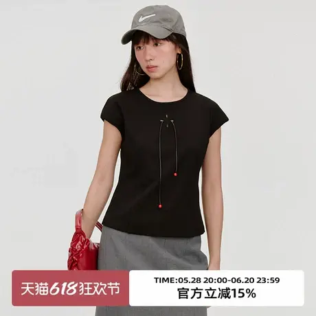 omont蛋挞家复古小飞袖镂空短袖T恤2025夏设计感修身显瘦圆领上衣图片