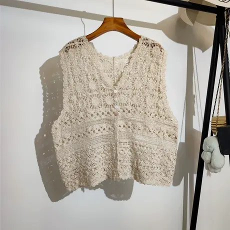 勾花镂空马甲开衫女夏季新款宽松大码波西米亚度假风无袖上衣罩衫商品大图