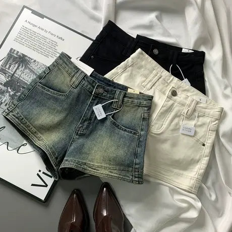 美式高腰辣妹弹力牛仔短裤女2024冬季新款显瘦百搭A字阔脚热裤ins商品大图