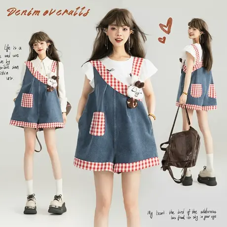 KEIKO 复古拼色牛仔背带裤薄款夏季新小个子宽松减龄连身阔腿短裤图片