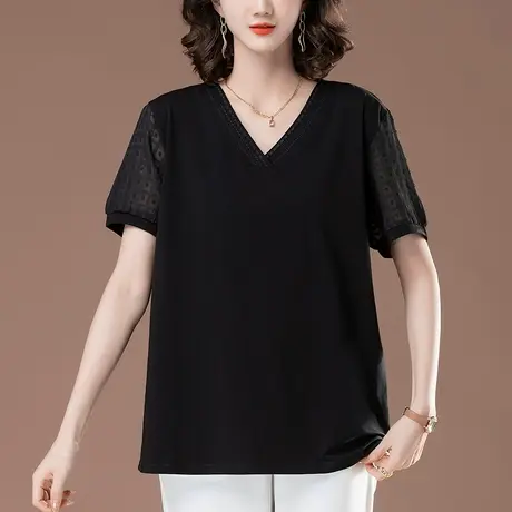 v领短袖T恤女夏季宽松加肥加大码女装中年妈妈纯棉减龄雪纺上衣衫图片