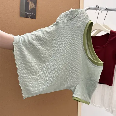 夏季2025新款木耳边撞色短袖T恤女修身韩版短款正肩肌理感上衣潮商品大图