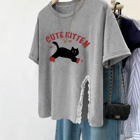 vintage大码港风复古夏短袖T恤女ins潮嘻哈慵懒开叉别致上衣胖mm商品大图