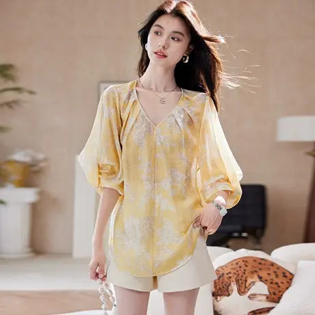 宝诗黎V领印花灯笼袖衬衫2025夏季时尚气质减龄百搭天丝亚麻衬衣图片