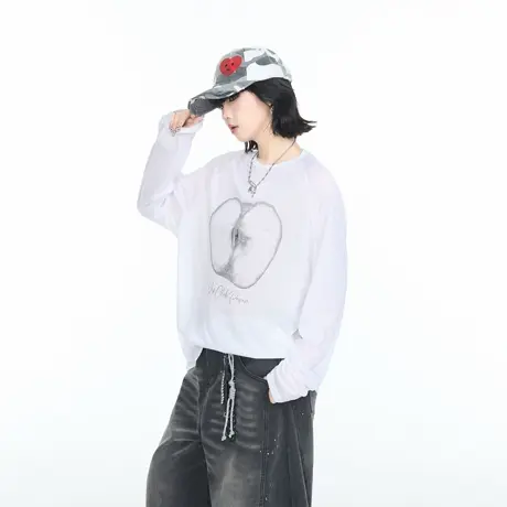美式复古轻薄苹果印花长袖T恤女夏季2025新款ins宽松微透防晒罩衫商品大图