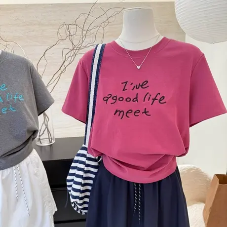 重工字母刺绣短袖T恤女2025夏季新款宽松韩版小众设计感半袖上衣图片
