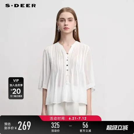 sdeer圣迪奥女装25年新品田园风V领肌理褶皱不规则衬衫S252Z3219图片