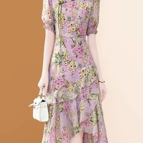 首尚格释2025夏季新品时尚新中式改良立领荷叶边雪纺碎花旗袍裙女商品大图