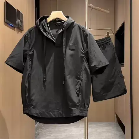 夏季新款连帽速干休闲运动套装男女款百搭潮牌宽松短袖短裤两件套商品大图