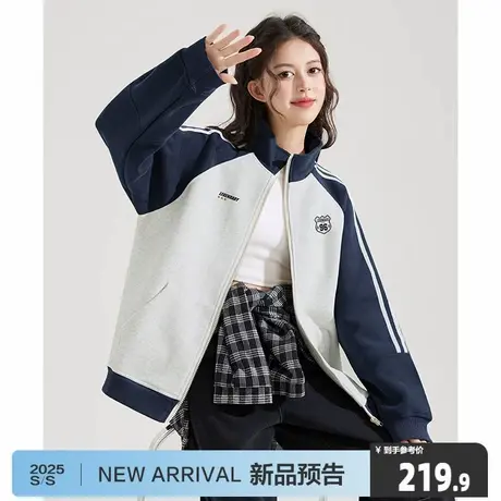 唐狮2025年秋季新款外套女立领撞色百搭拼接插肩袖美式休闲上衣商品大图