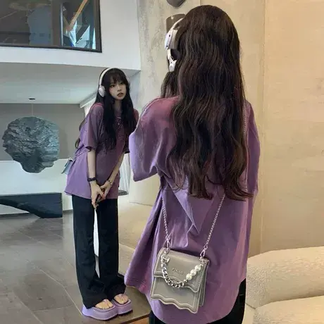 复古紫色短袖T恤女夏季2025年新款韩版chic宽松字母半袖上衣ins潮商品大图