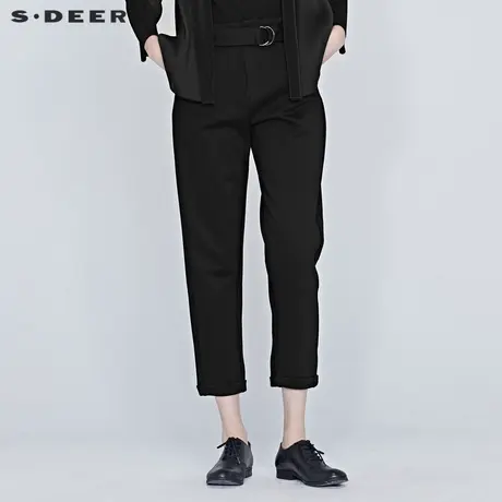 sdeer圣迪奥春季女装黑色卷边腰带微弹通勤直筒九分长裤S20180806图片