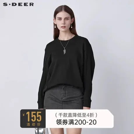 sdeer圣迪奥秋装圆领拼接黑色长袖T恤卫衣女S22160205🤓商品大图